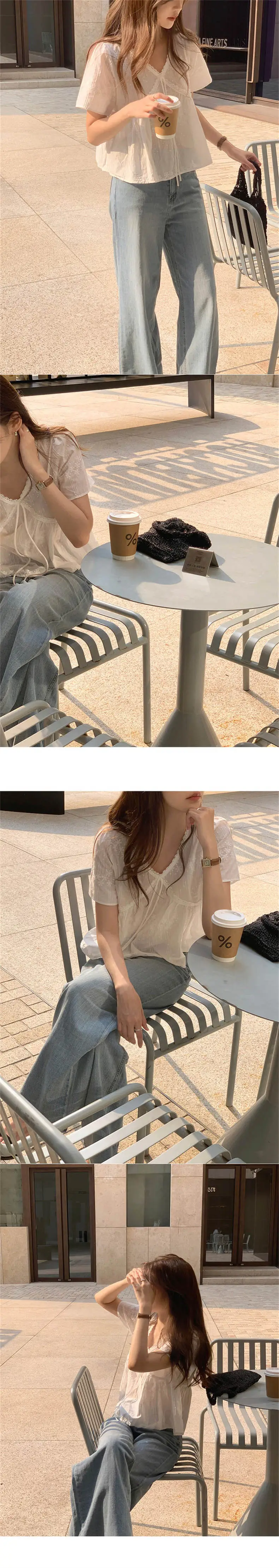 V넥 레이스 반소매 블라우스 상세 이미지 7