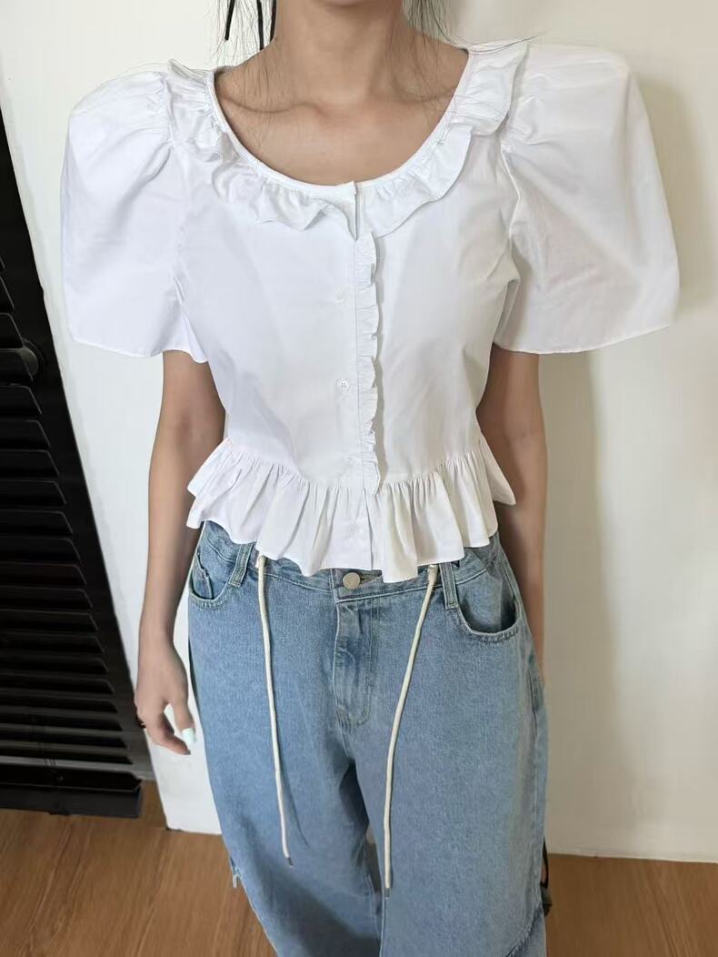선적 중 chic 한 부서 달콤함 귀여운 레이스 패치워크 거품 소매 셔츠