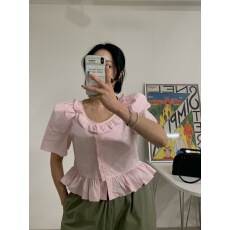 批发出货中 chic 韩系<b class='q'>甜美</b>可爱花边拼接泡泡袖衬衫