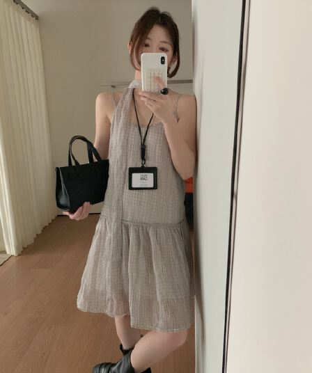 chic 한 여성 분위기 센스 우아한 질감 압력 주름 체크무늬 슬립 드레스 경기 리본