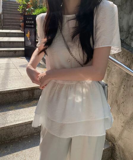 재고 있음 한국 ins 라운드 넥 주름 거품 소매 이중층 프릴 셔츠