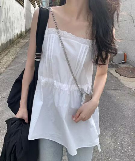재고 있음 chic 연령 감소 레이스 레이스 패치워크 펌프 로프 허리 수축 조끼 슬립 드레스