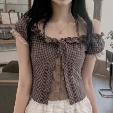 批发有货 chic 韩系纯色挂脖吊带搭配抽褶格子衬衣开衫