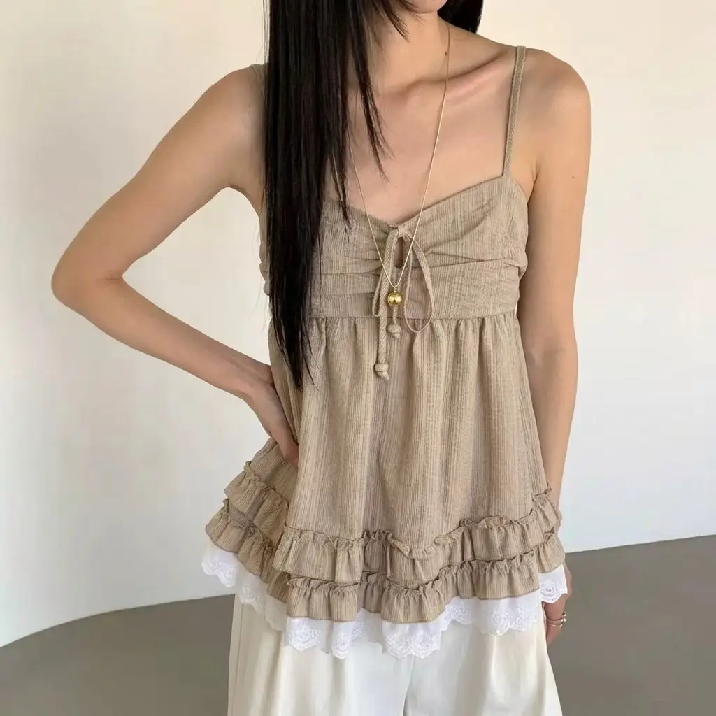 프렌치 감성 스트라이프 오프숄더 끈 장식 민소매 슬리브리스 상세 이미지 1