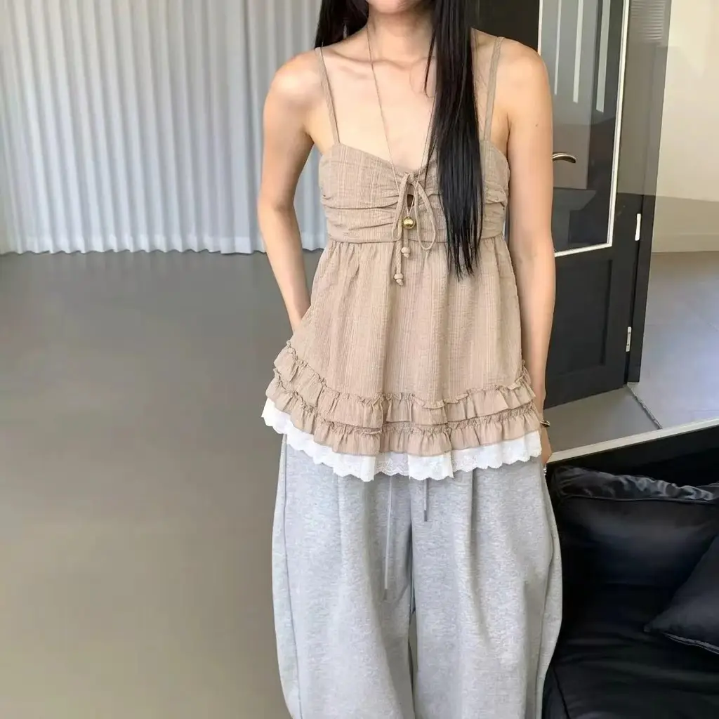프렌치 감성 스트라이프 오프숄더 끈 장식 민소매 슬리브리스 상세 이미지 2