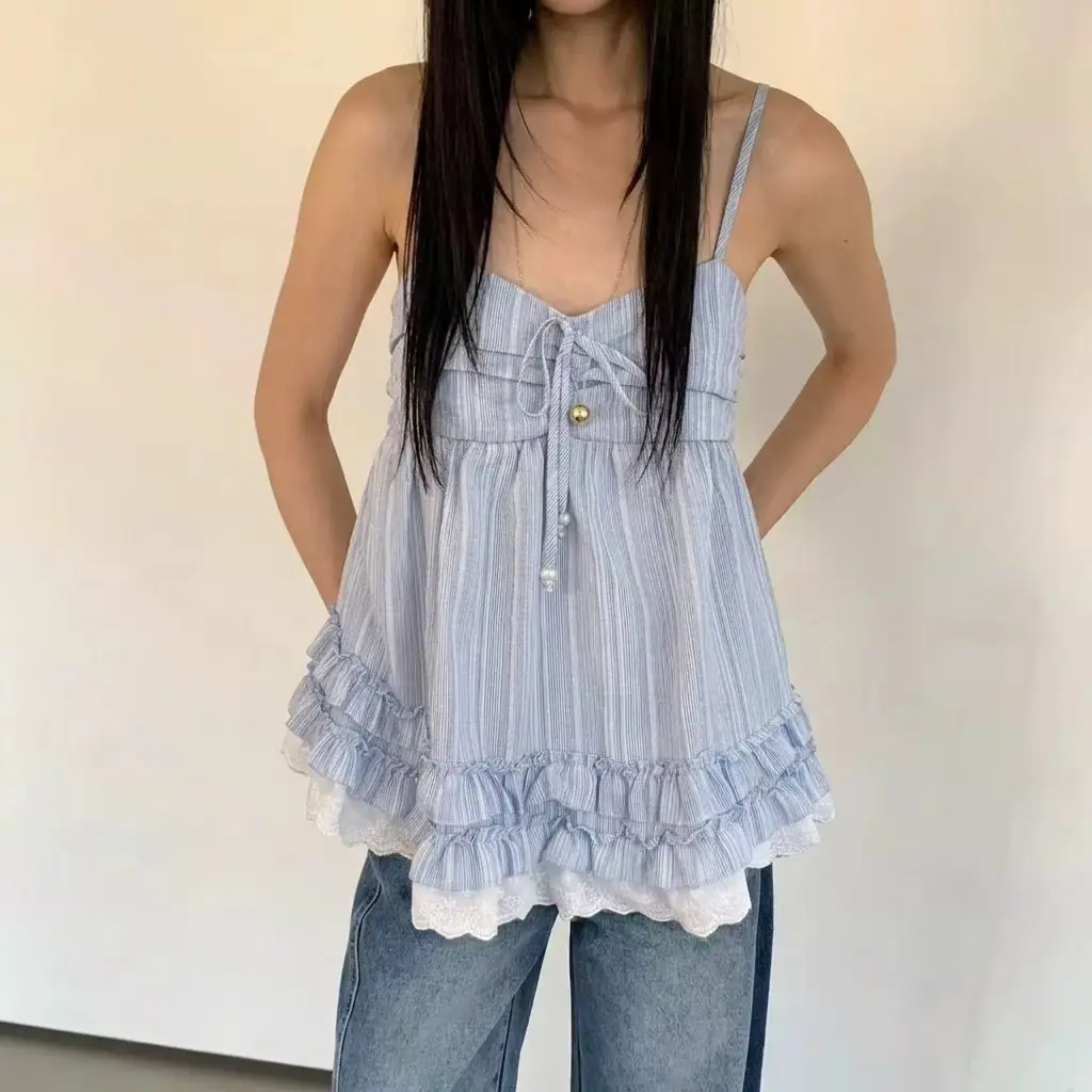프렌치 감성 스트라이프 오프숄더 끈 장식 민소매 슬리브리스 상세 이미지 4