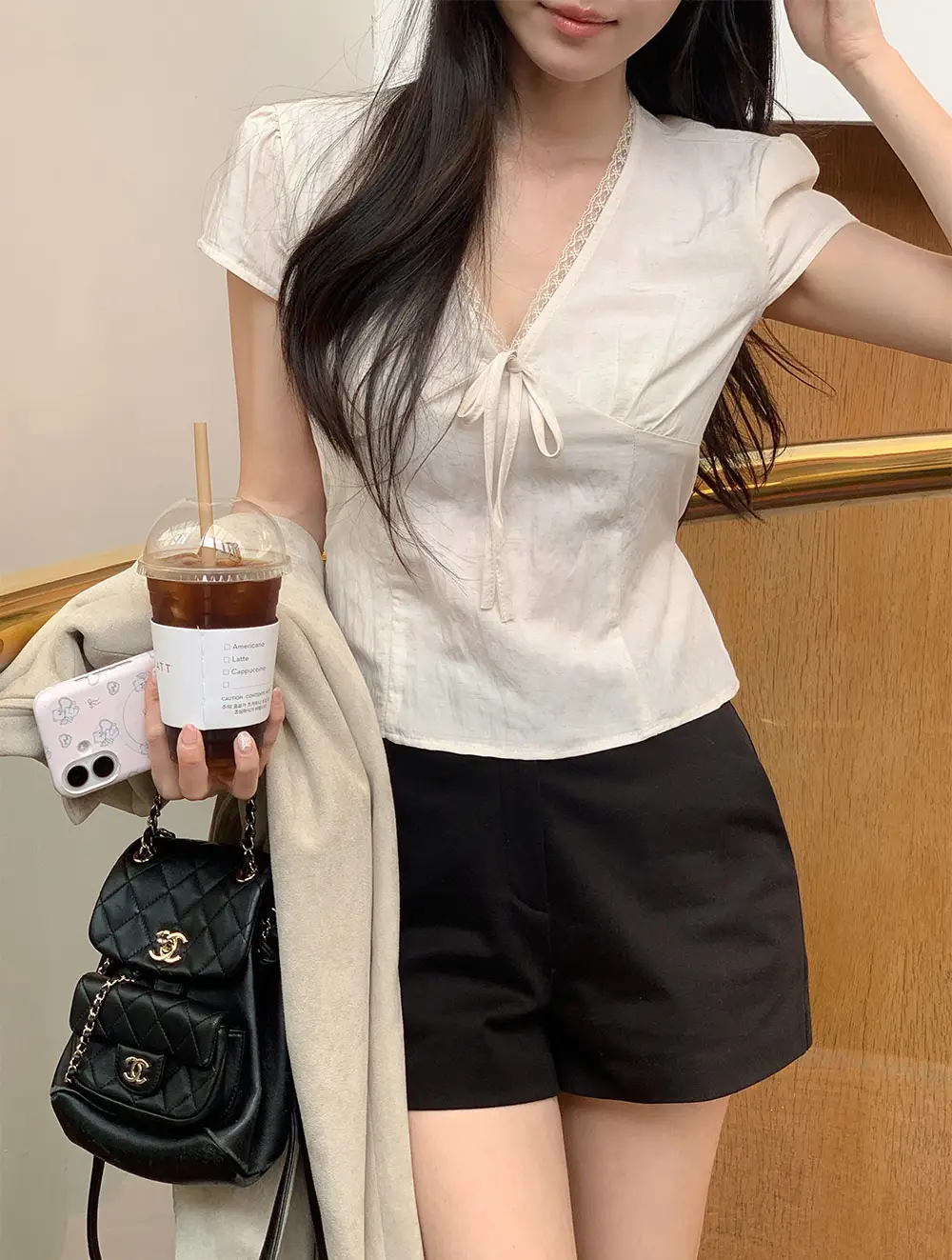 샤넬풍 V넥 레이스 니트 티셔츠 상세 이미지 9
