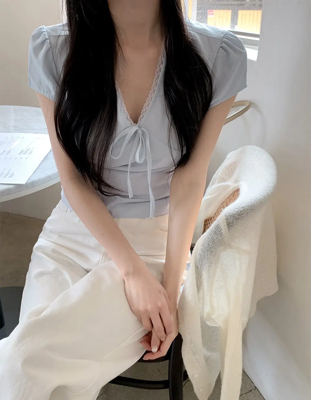 샤넬풍 V넥 레이스 니트 티셔츠 상세 이미지 13
