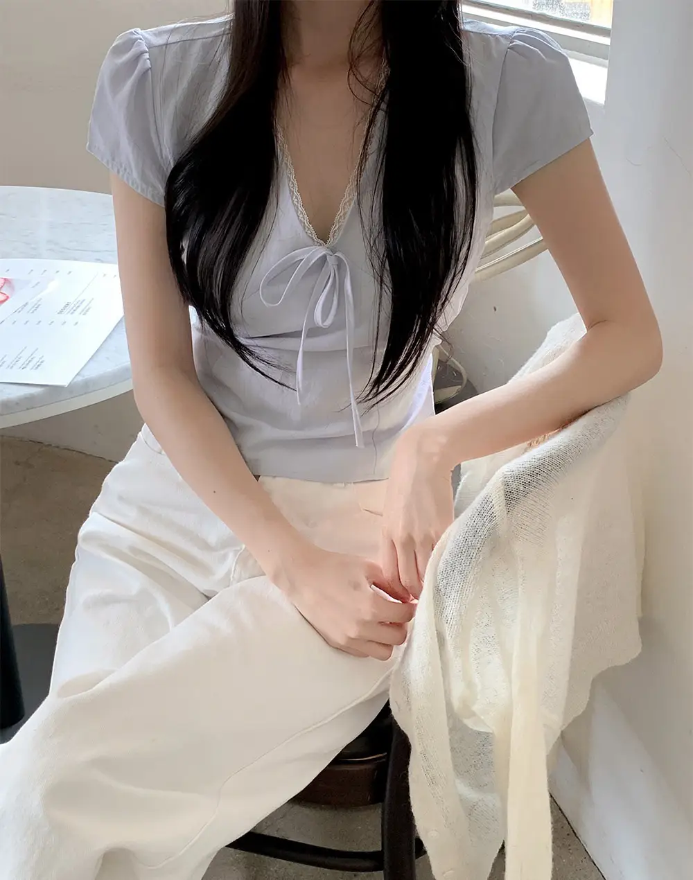 샤넬풍 V넥 레이스 니트 티셔츠 상세 이미지 14