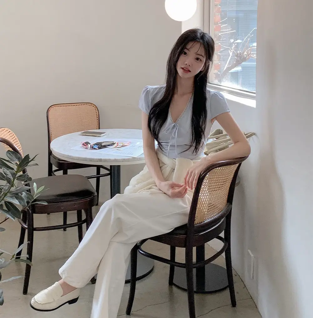 샤넬풍 V넥 레이스 니트 티셔츠 상세 이미지 16