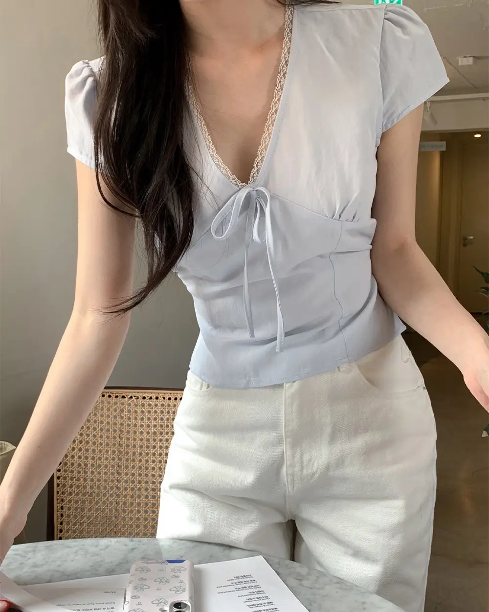 샤넬풍 V넥 레이스 니트 티셔츠 상세 이미지 18