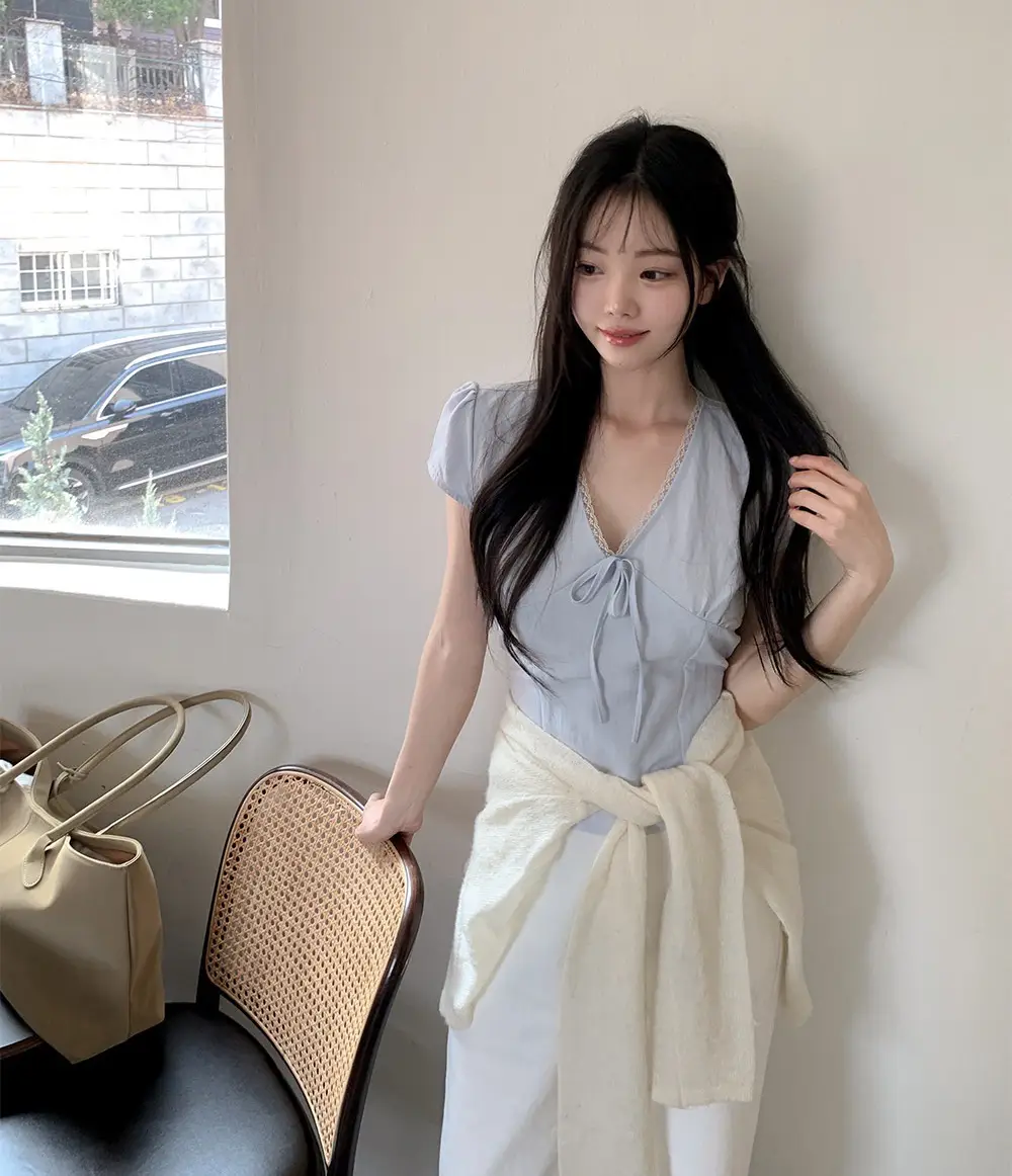 샤넬풍 V넥 레이스 니트 티셔츠 상세 이미지 19