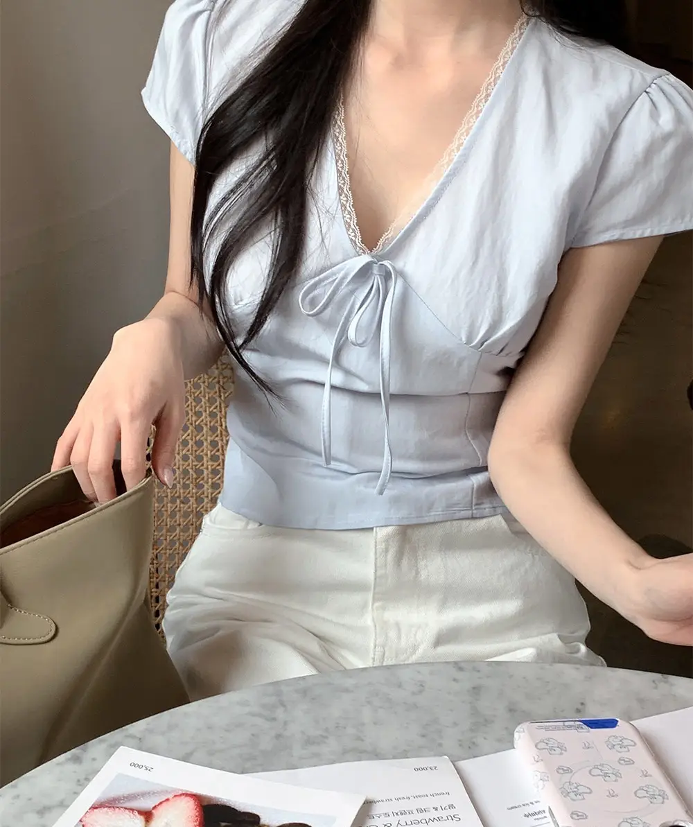 샤넬풍 V넥 레이스 니트 티셔츠 상세 이미지 20