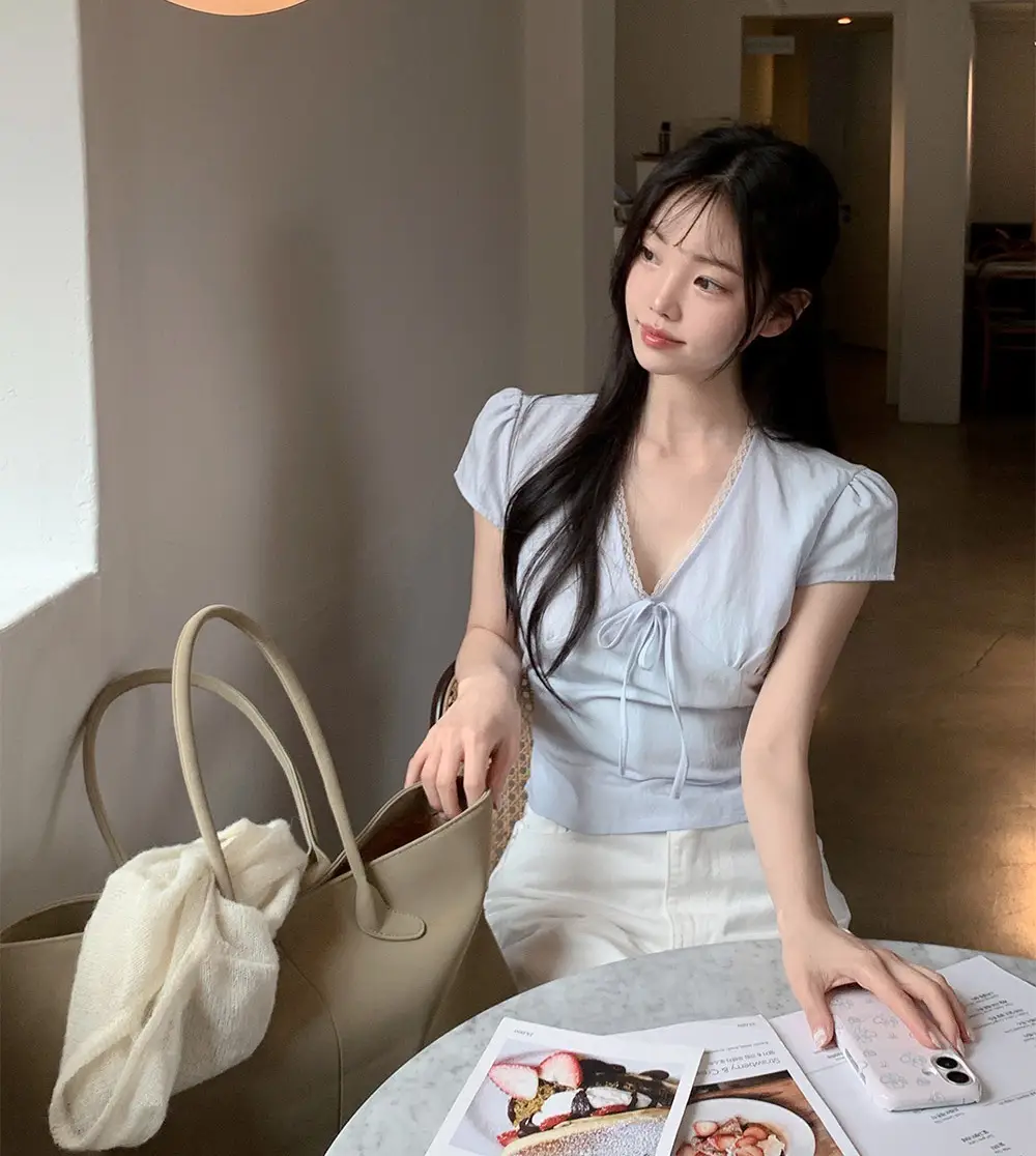 샤넬풍 V넥 레이스 니트 티셔츠 상세 이미지 21