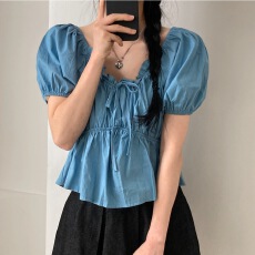 批发chic 韩版甜美减龄系带性感方领<b class='q'>牛仔</b>蓝<b class='q'>衬衫女</b>