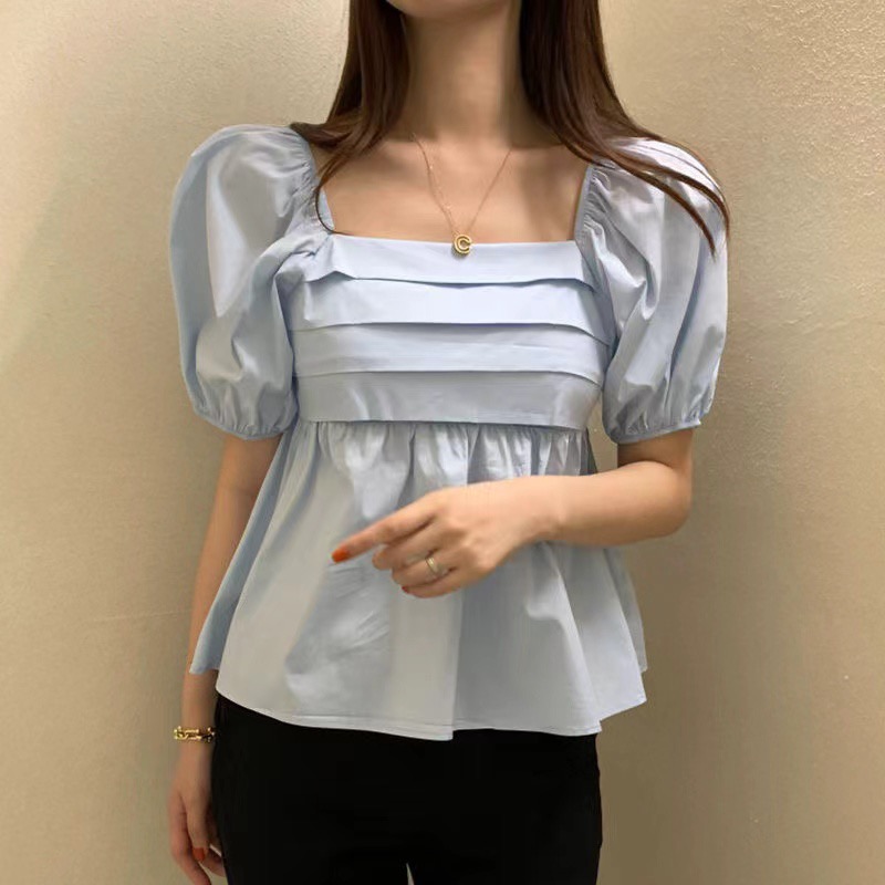 재고 있음 chic 여름 부드러운 우유 부드러운 블루 광장 칼라 다용도 거품 소매 쇼트 스타일 셔츠