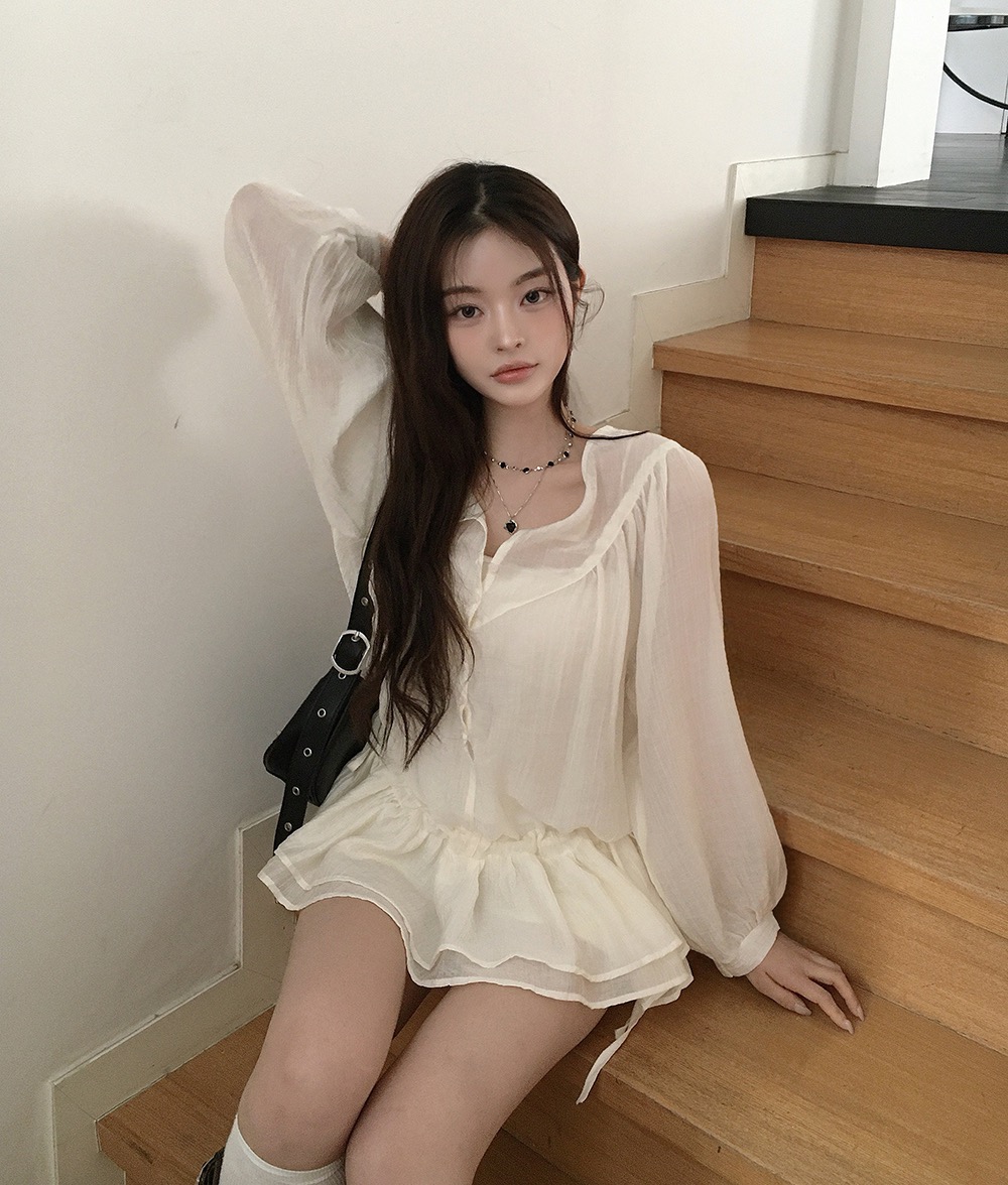 재고 있음 chic 한국 디자인 센스 펌프 로프 허리 수축 프릴 셔츠