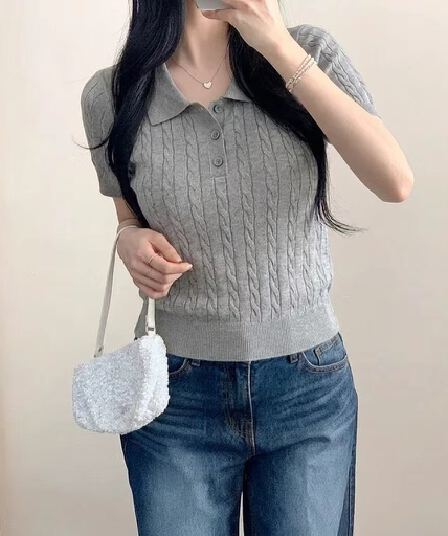 chic 한 부서 POLO 칼라 마 무늬 니트 반팔 여성