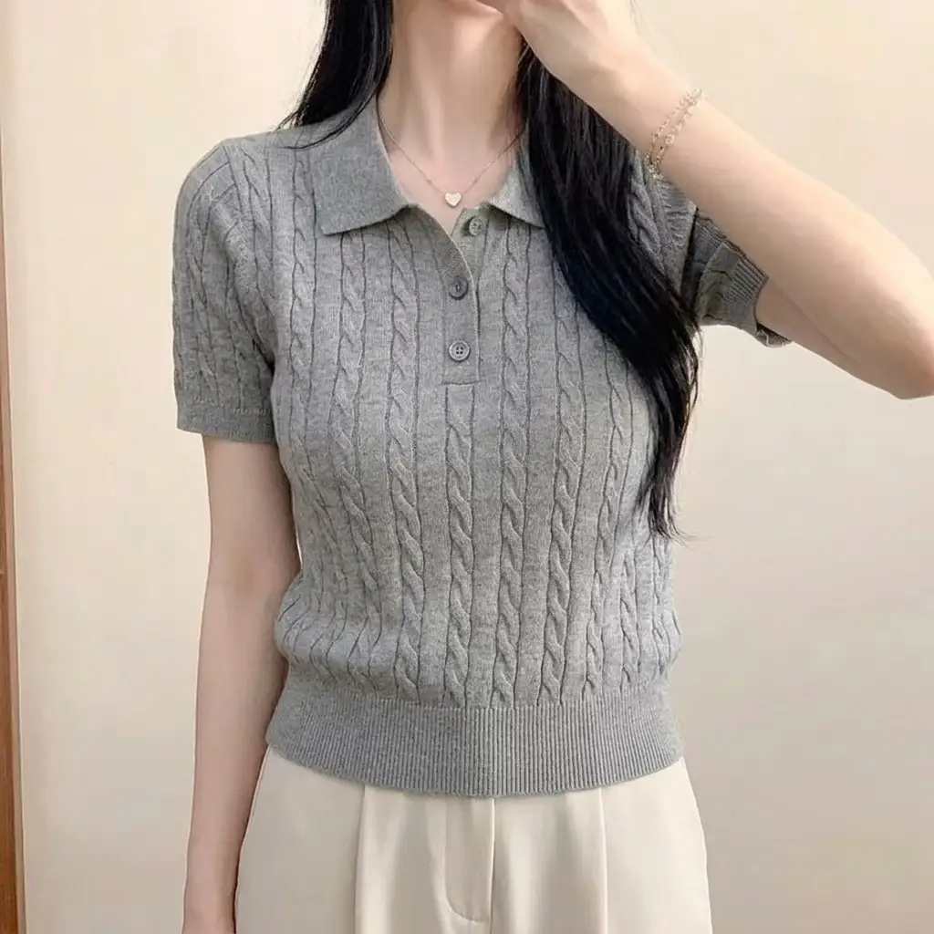 폴로넥 케이블 니트 반소매 상세 이미지 1
