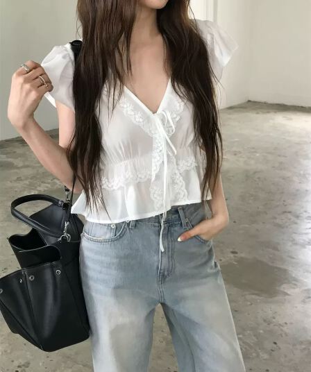 chic 레이스 V넥 거품 소매 여성 셔츠 프릴 레이스업 작은 셔츠