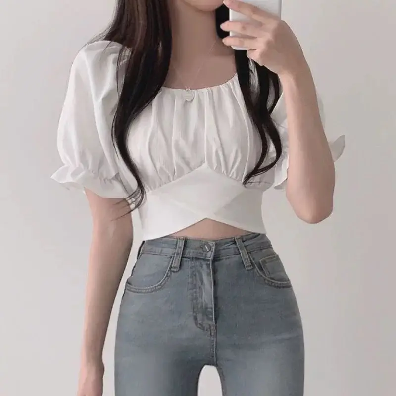 프렌치 스타일 백 리본 퍼프소매 반팔 블라우스 상세 이미지 4