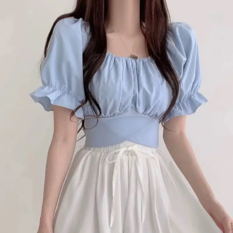 프렌치 스타일 백 리본 퍼프소매 반팔 블라우스 상세 이미지 5