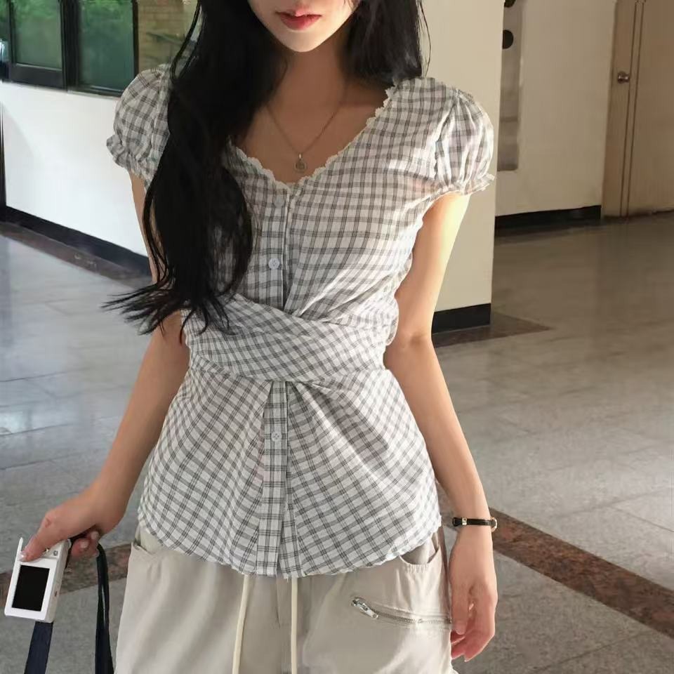 재고 있음 한 부서 chic 패치워크 레이스 레이스 거품 소매 반팔 여성 셔츠
