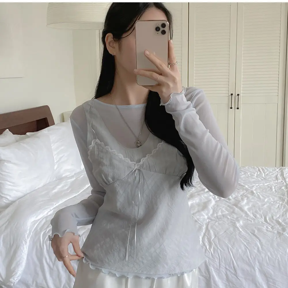 한국인기 리본 끈 V넥 민소매 가디건 상세 이미지 2