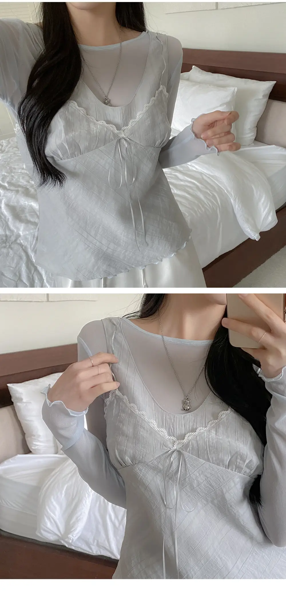 한국인기 리본 끈 V넥 민소매 가디건 상세 이미지 9