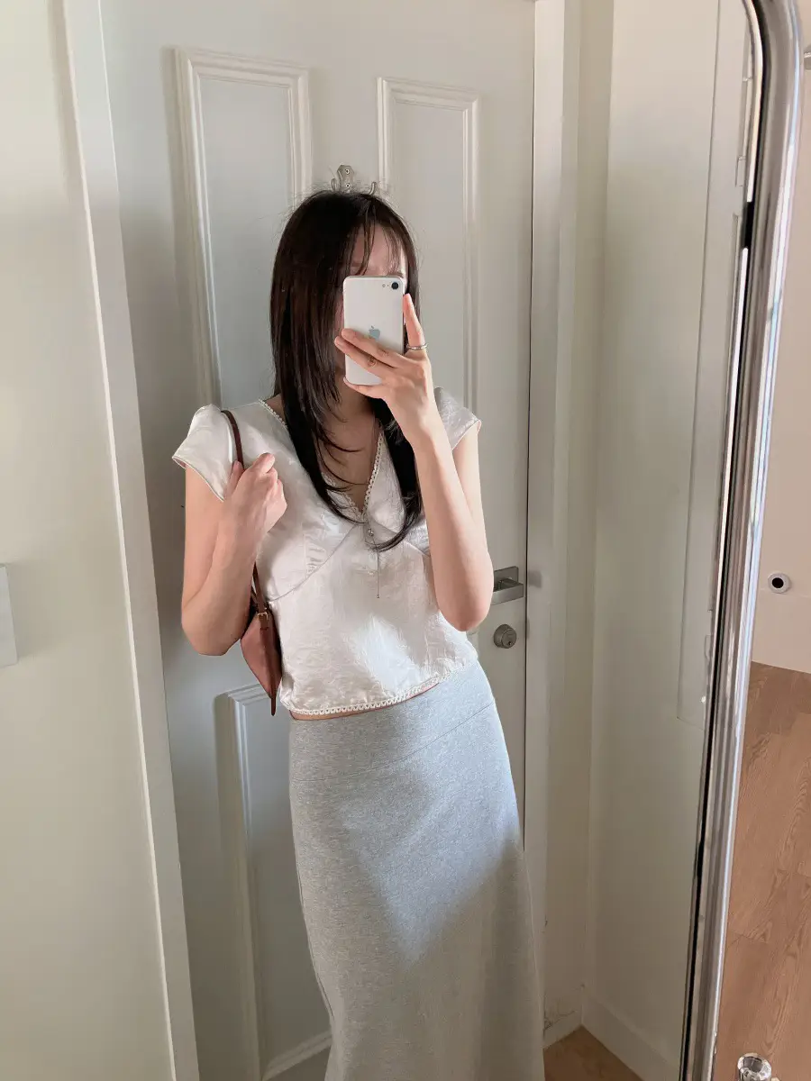 레이스 배색 새틴 반소매 탑 상세 이미지 20