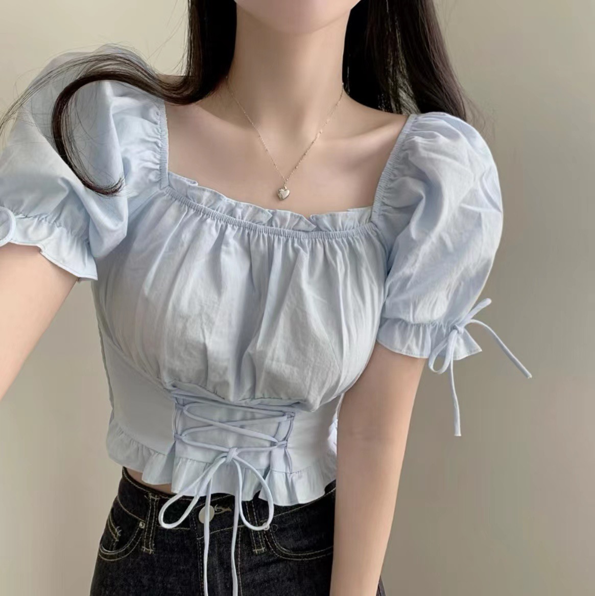 chic 한국 스타일 작은 대중 쇼트 스타일 작은 대중 끈 거품 소매 광장 칼라 셔츠