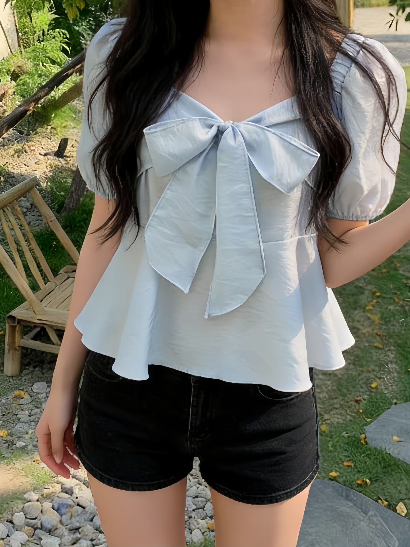 chic 광장 칼라 프릴 나비 넥타이 긴팔 셔츠