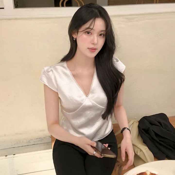 chic 한국 ins 여름 레이스 패치워크 새틴 반팔 맨위