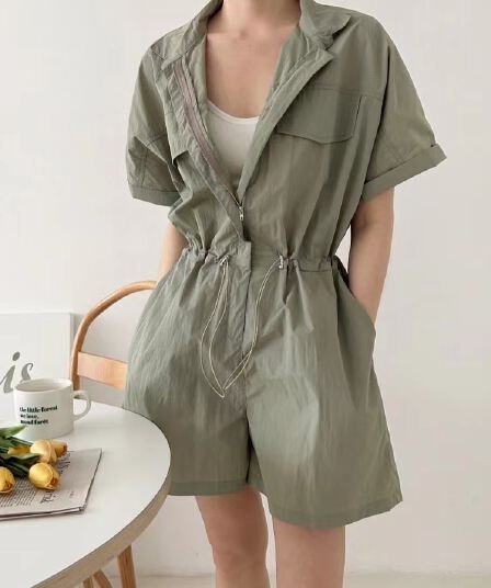 재고 있음 chic 한 부서 레트로 캐주얼 워크웨어 펌프 로프 허리 수축 넓은 다리 폴로 칼라 올인원 바지 반바지 여성