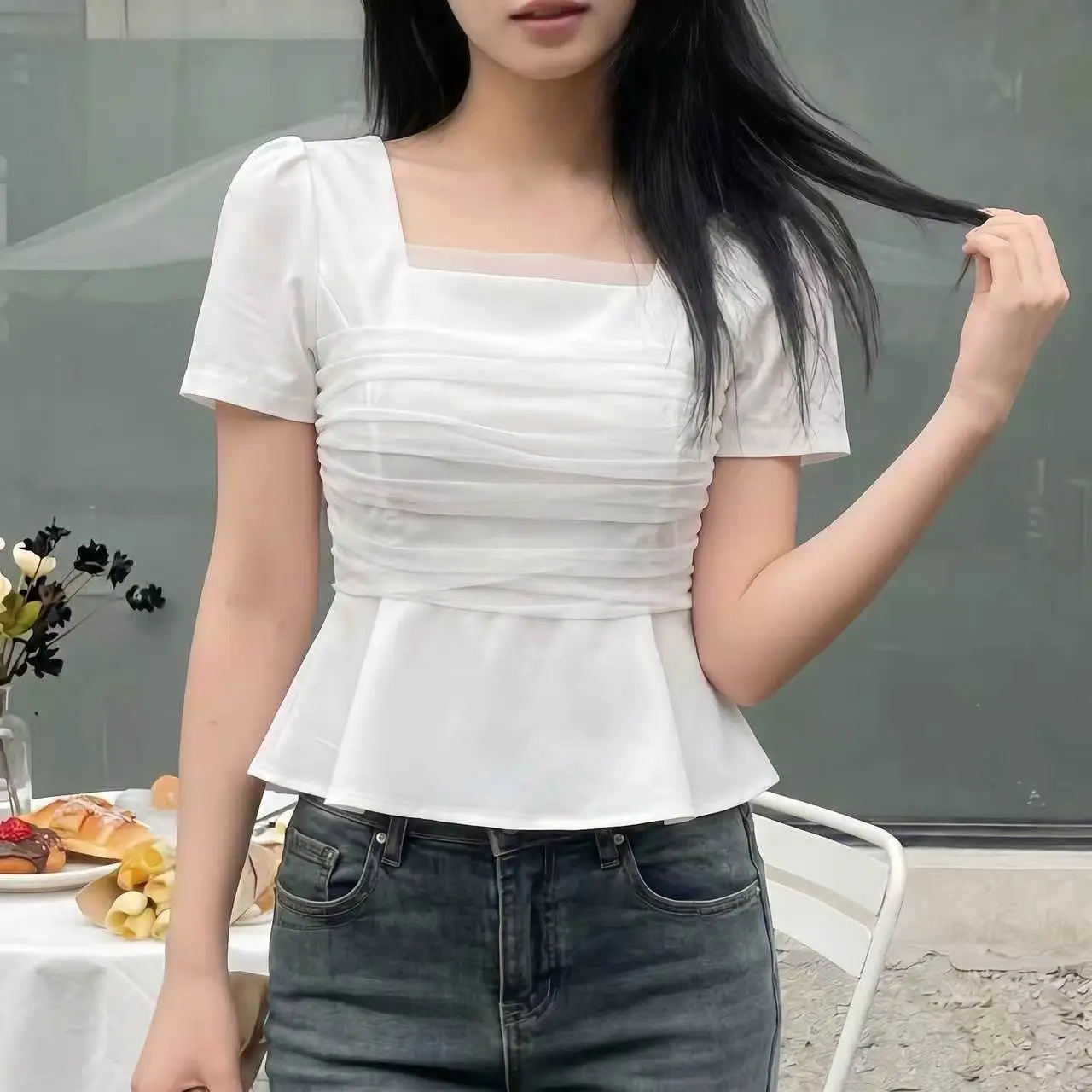 프렌치 시스루 스퀘어넥 퍼프소매 블라우스 상세 이미지 5