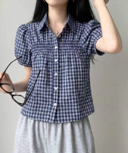 재고 있음 chic 레트로 블루 그리드 디자인 센스 거품 소매 여성 셔츠