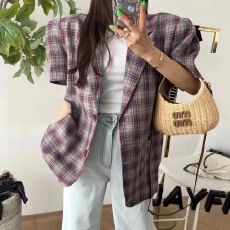 批发有货 原版  气质腰带泡泡袖西装外套休闲格子<b class='q'>西服</b>女