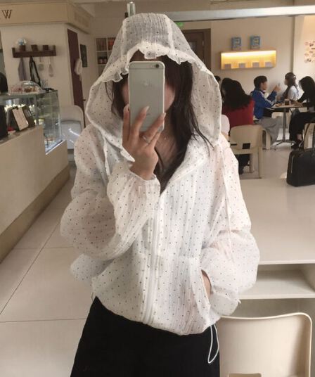 재고 있음 chic 한국 스타일 도트 무늬 후드 태양 보호 셔츠 여성