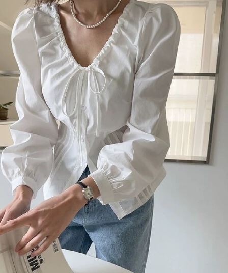 재고 있음 chic 신선함 달콤한 스타일 펌프 로프 레이스업 거품 소매 셔츠