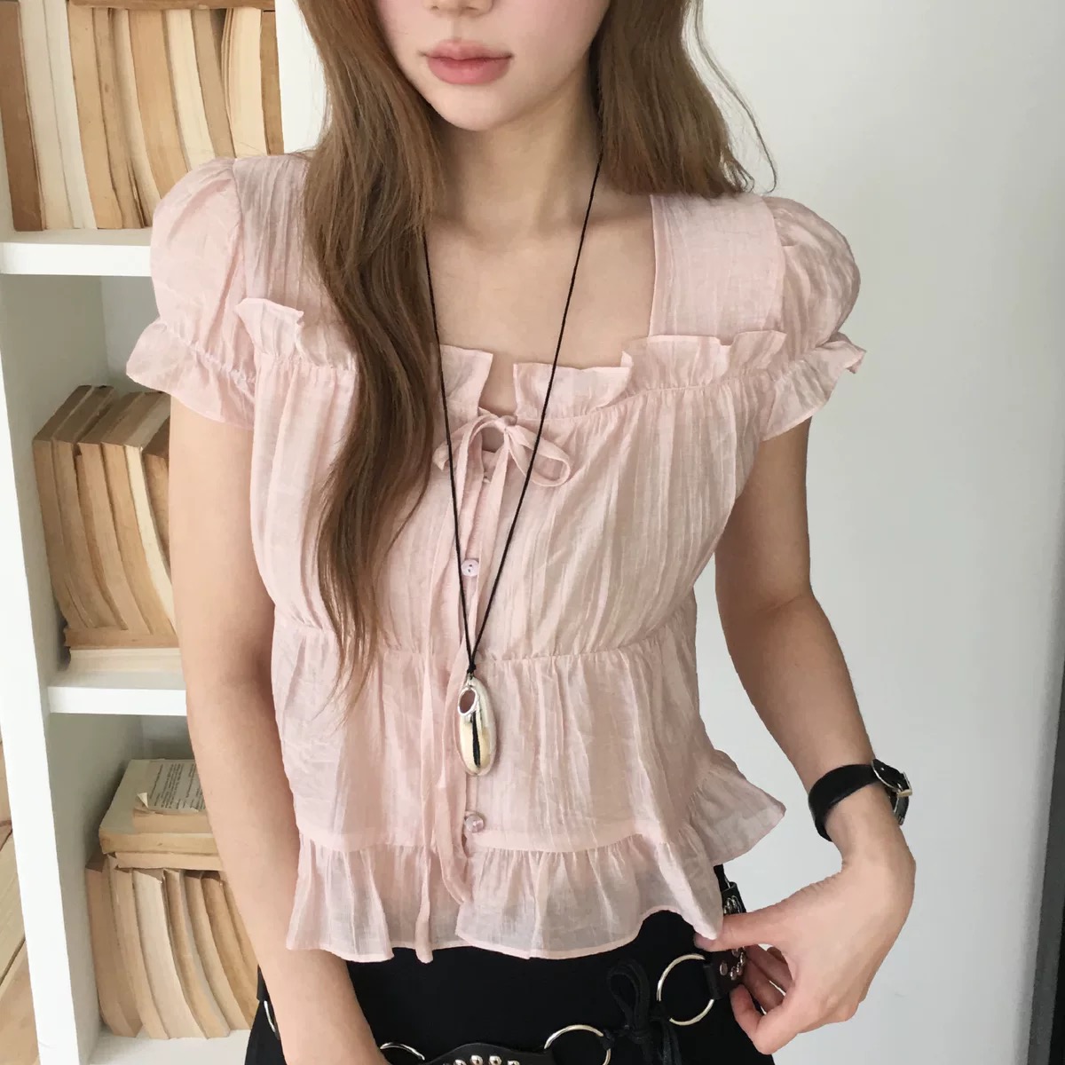 chic 한 부서 여름 프랑스식 달콤함 연령 감소 부드러운 프릴 주름 장식 허리 수축 반팔 쉬폰 셔츠 켜기 보내기