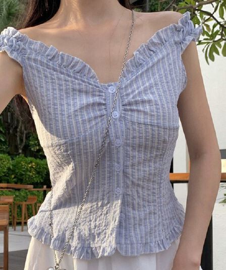 재고 있음 chic 부드러운 Pleat 측면 상쾌 블루 스트라이프 수 있습니다. 오프숄더 둘 착용 셔츠