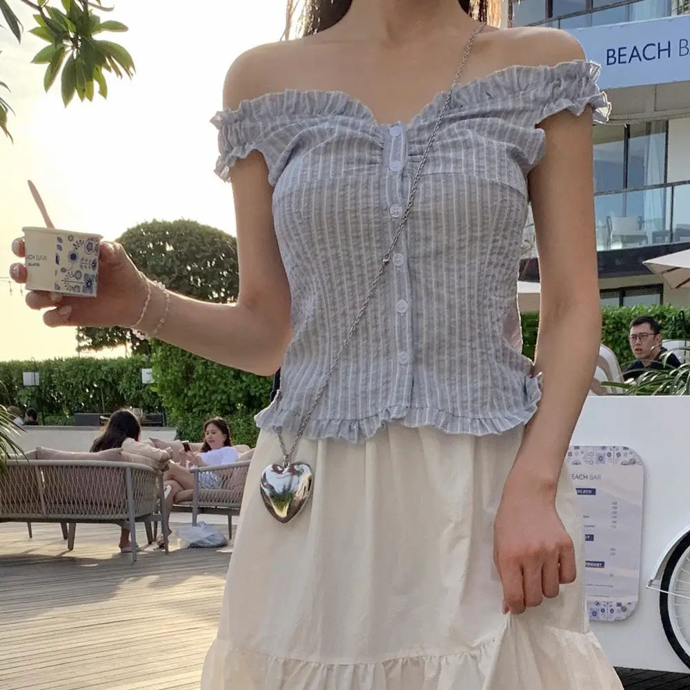 러플 블루 스트라이프 오프숄더 2웨이 셔츠 상세 이미지 1