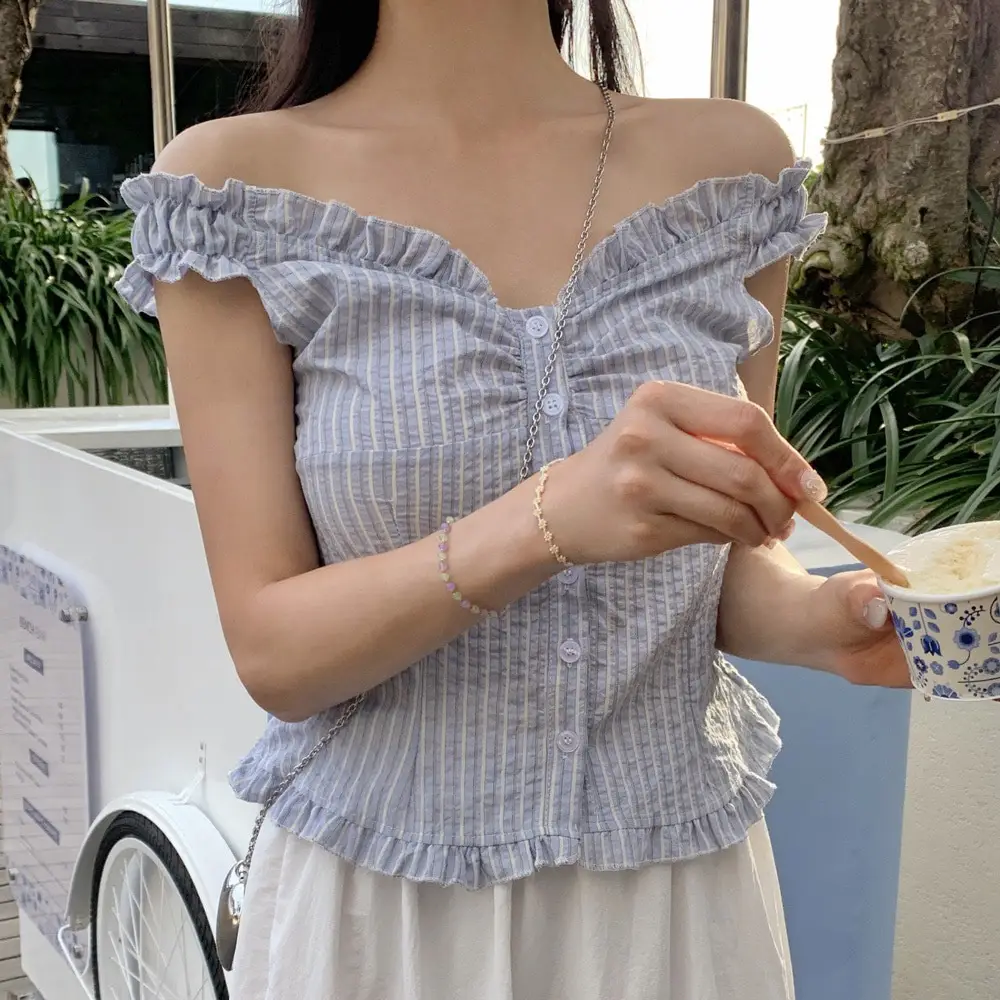 러플 블루 스트라이프 오프숄더 2웨이 셔츠 상세 이미지 2