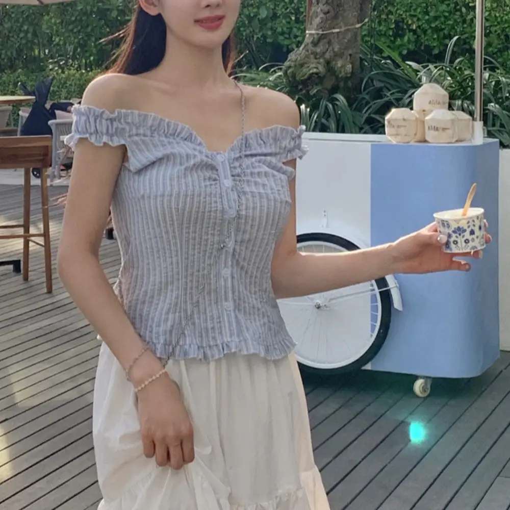 러플 블루 스트라이프 오프숄더 2웨이 셔츠 상세 이미지 4