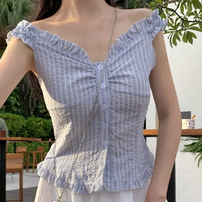 러플 블루 스트라이프 오프숄더 2웨이 셔츠 상세 이미지 5