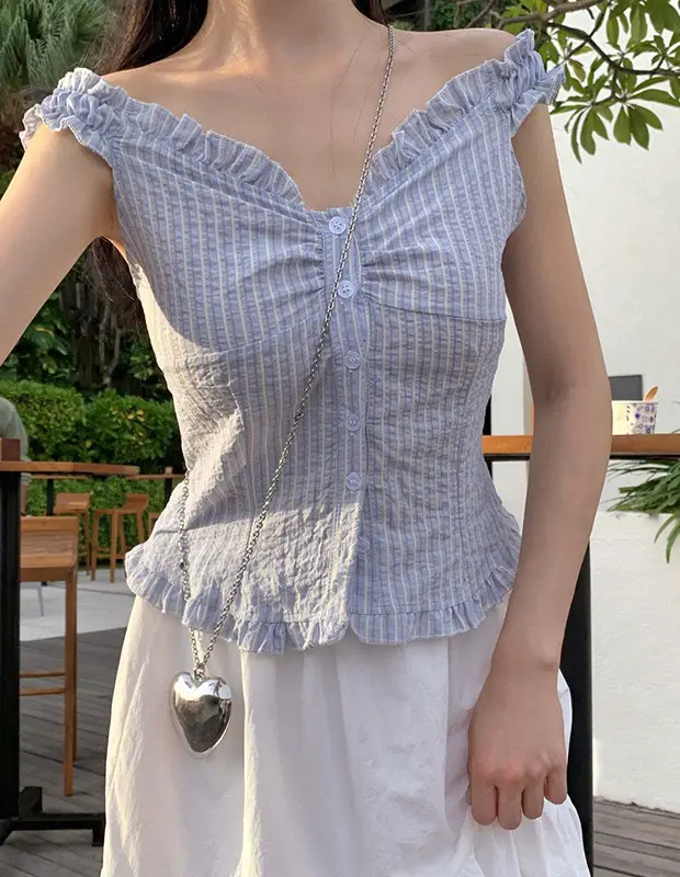 러플 블루 스트라이프 오프숄더 2웨이 셔츠 상세 이미지 8