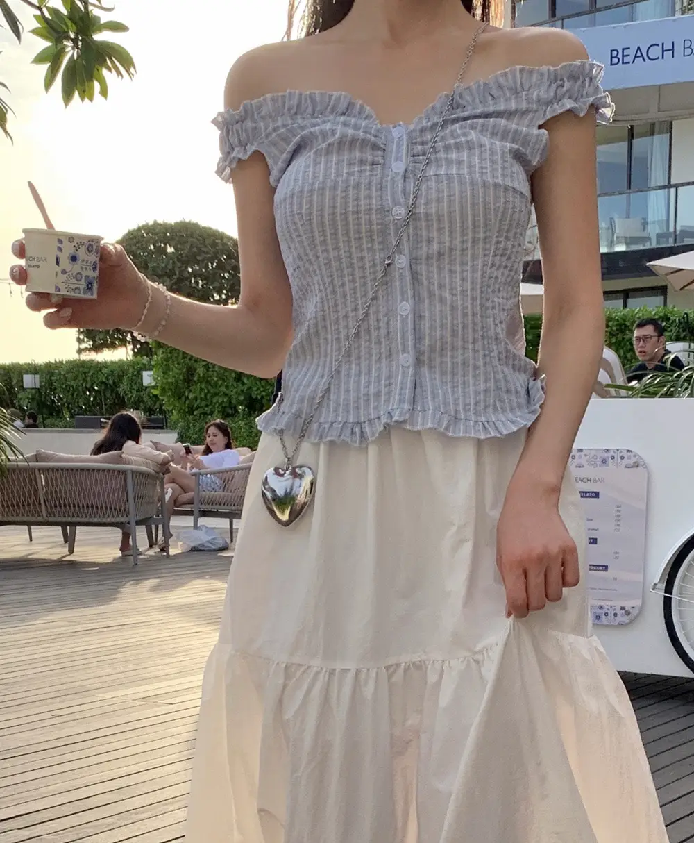 러플 블루 스트라이프 오프숄더 2웨이 셔츠 상세 이미지 9