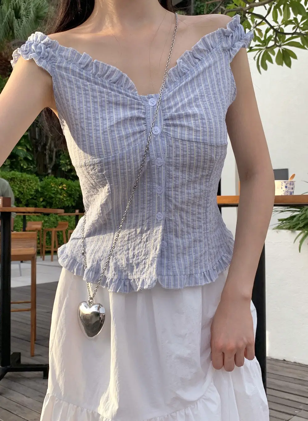 러플 블루 스트라이프 오프숄더 2웨이 셔츠 상세 이미지 20