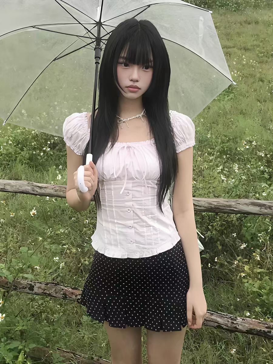 chic 한 부서 순수한 욕망 분위기 센스 착용 가져 가라. 핑크색 거품 소매 나비 매듭 레이스 셔츠
