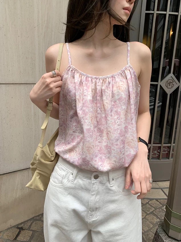 chic 다용도 여름 밑단 펌프 로프 신선함 꽃무늬 쇼트 스타일 캐미솔
